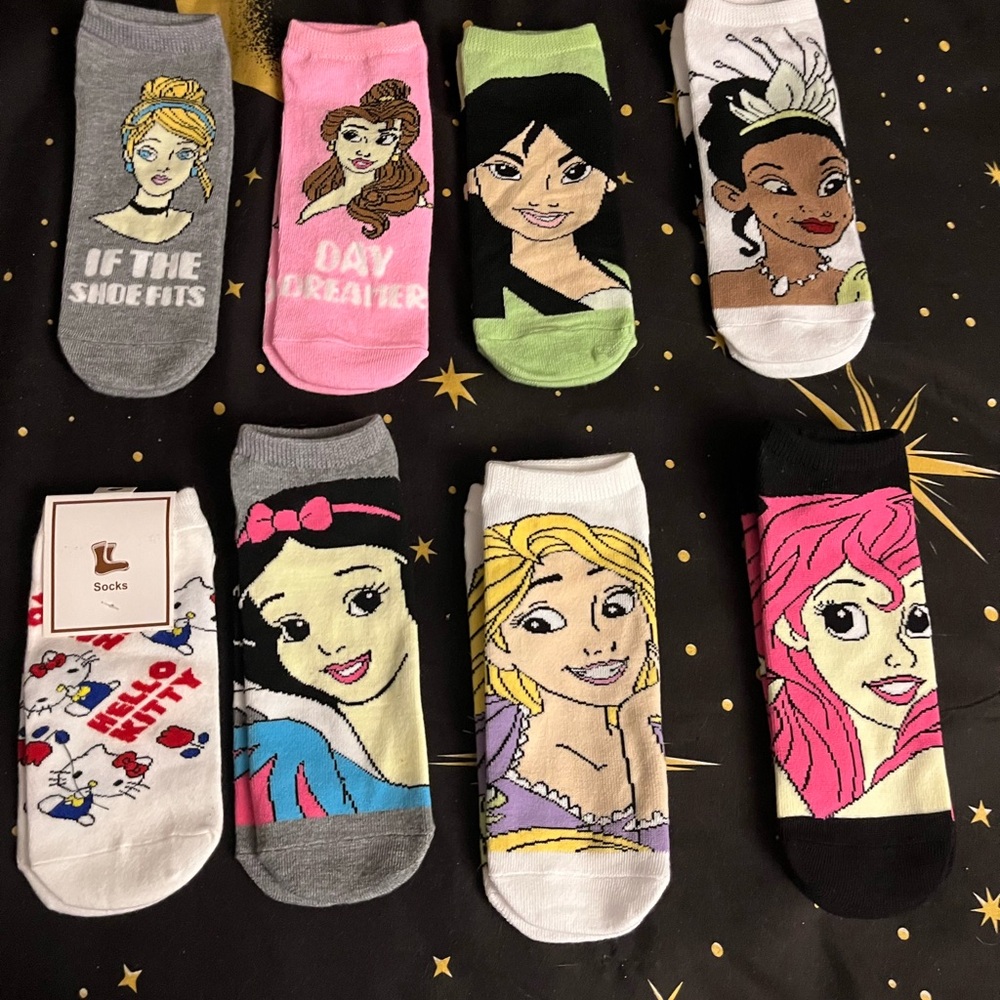 Disney Princess Socks Set - Gray, Pink, Green, Black, White